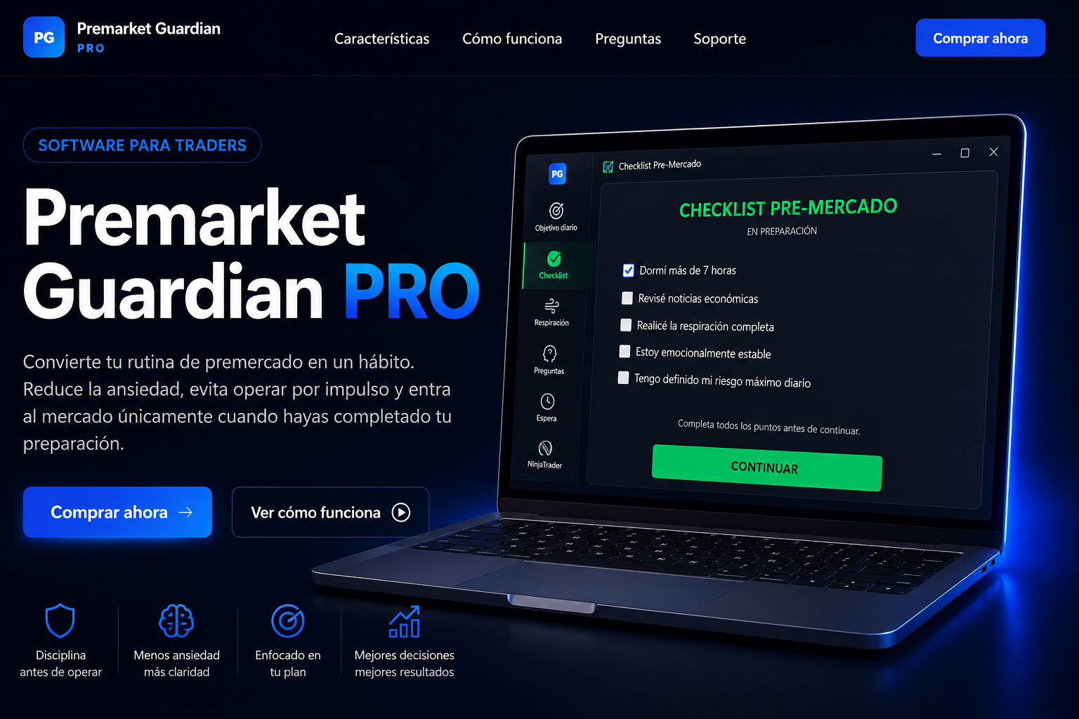 Premarket Guardian PRO mostrando el checklist de premercado